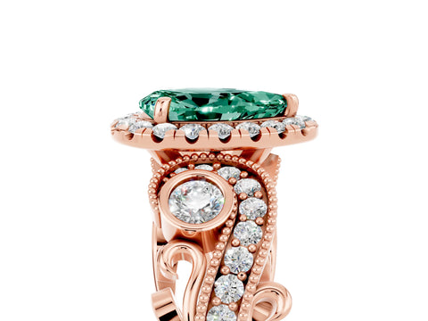 Rose gold Pear Cut Green Sapphire Halo Ring with Milgrain Pavé Band and Four-Prong Setting_17