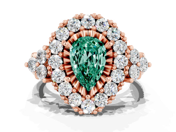 Rose gold Pear Cut Green Sapphire Halo Ring with Pavé Band and Four-Prong Setting
