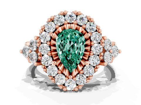 Rose gold Pear Cut Green Sapphire Halo Ring with Pavé Band and Four-Prong Setting_12