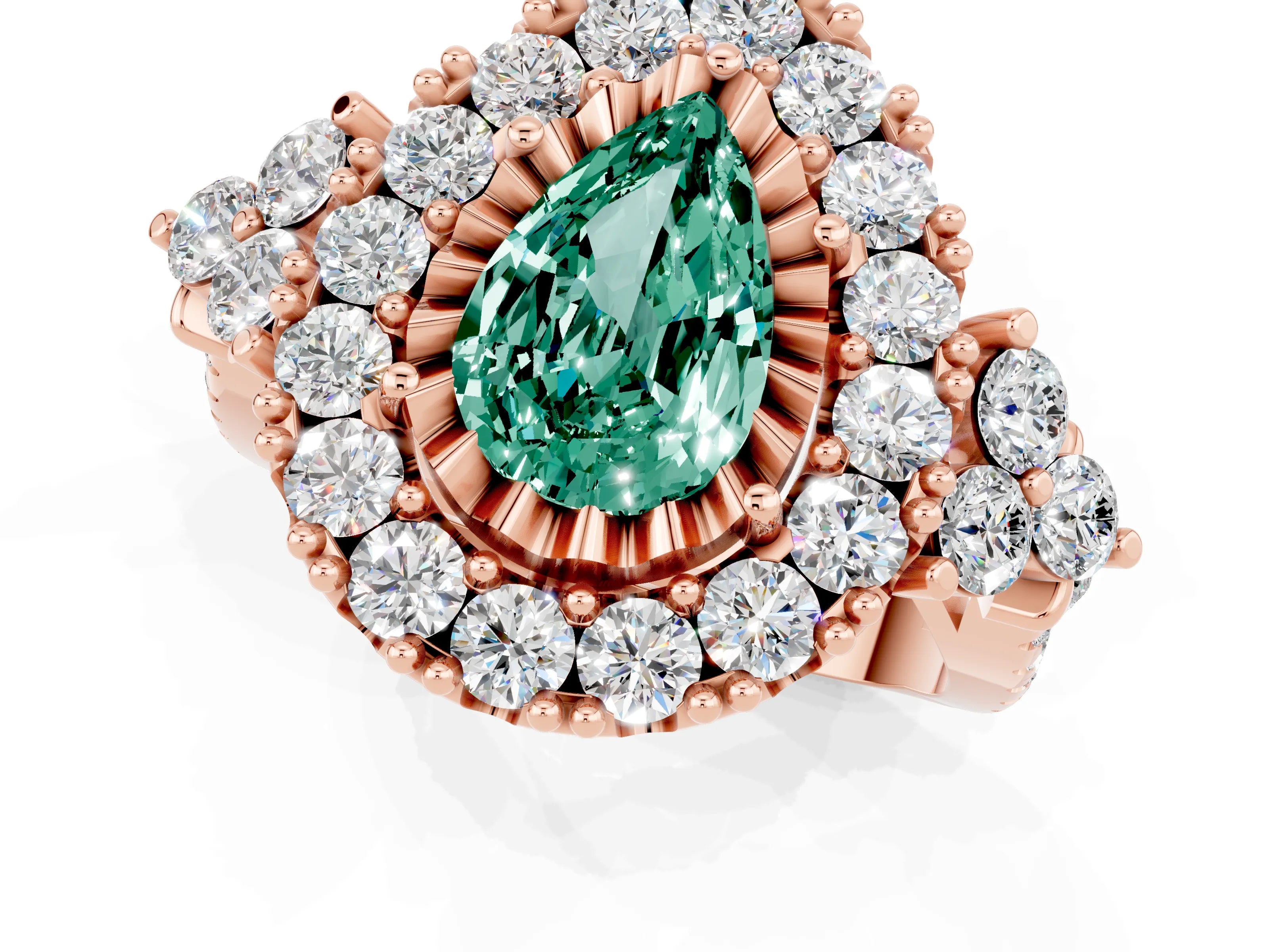 Rose gold Pear Cut Green Sapphire Halo Ring with Pavé Band and Four-Prong Setting_13
