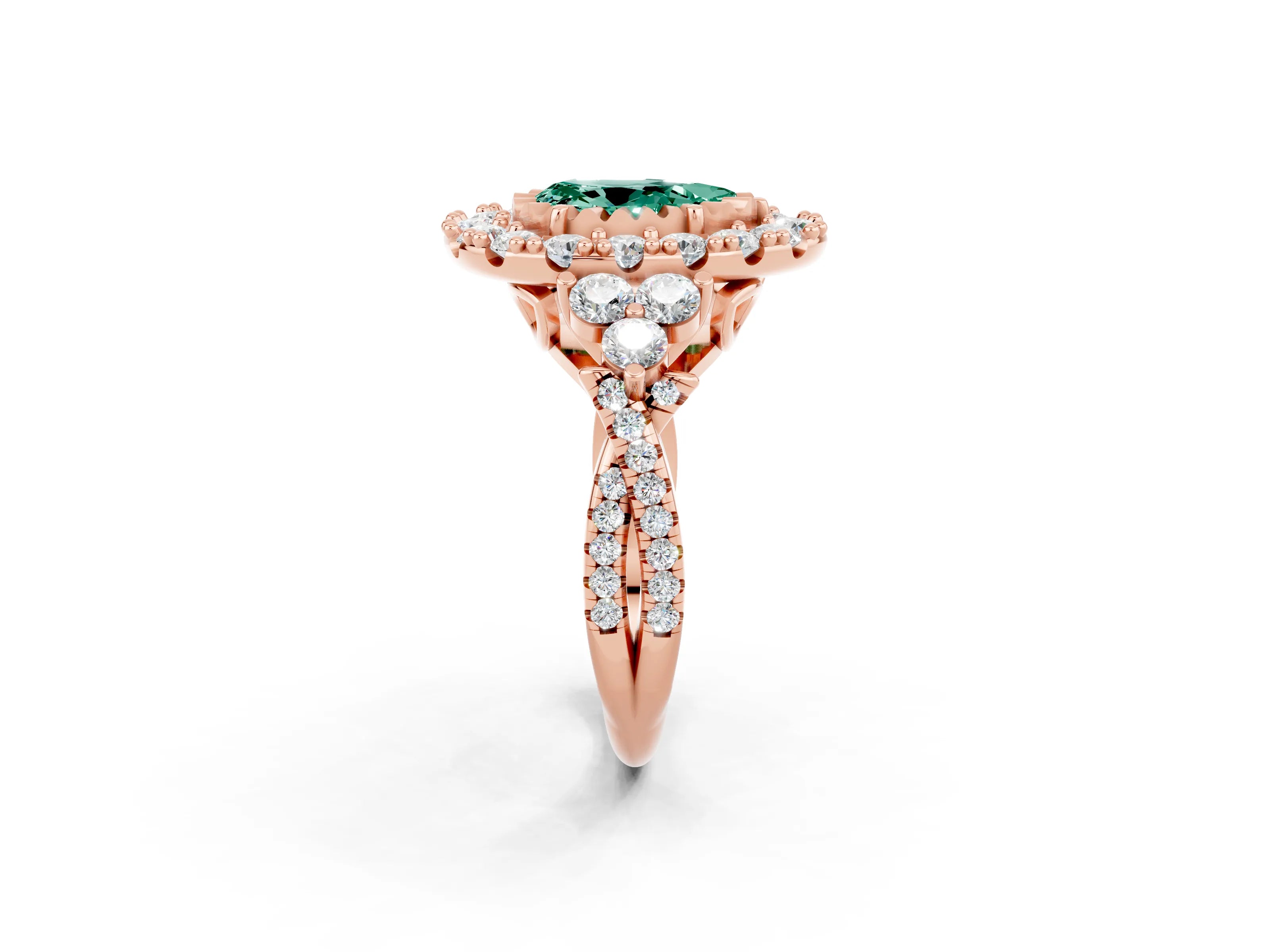 Rose gold Pear Cut Green Sapphire Halo Ring with Pavé Band and Four-Prong Setting_14