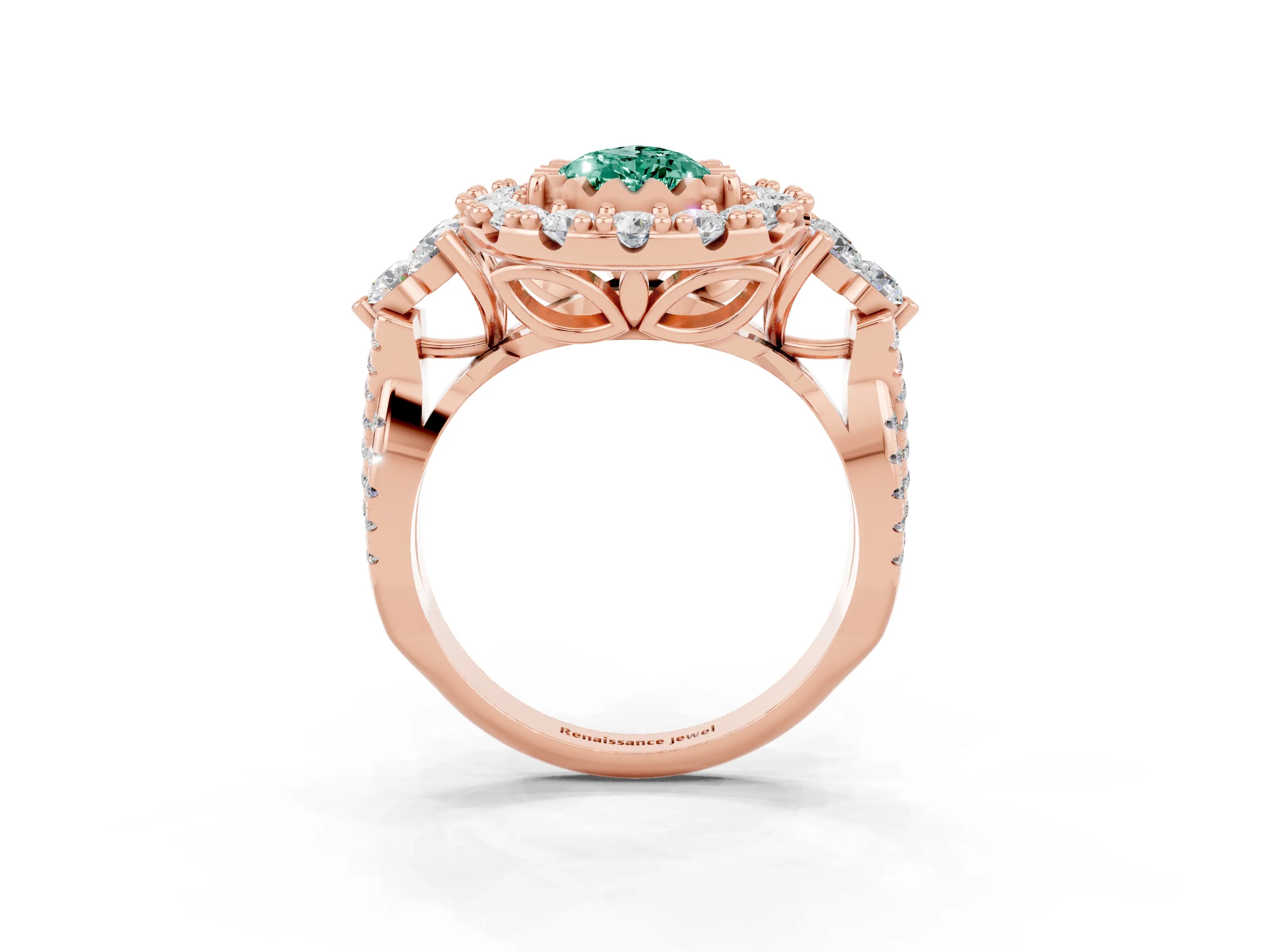 Rose gold Pear Cut Green Sapphire Halo Ring with Pavé Band and Four-Prong Setting_15