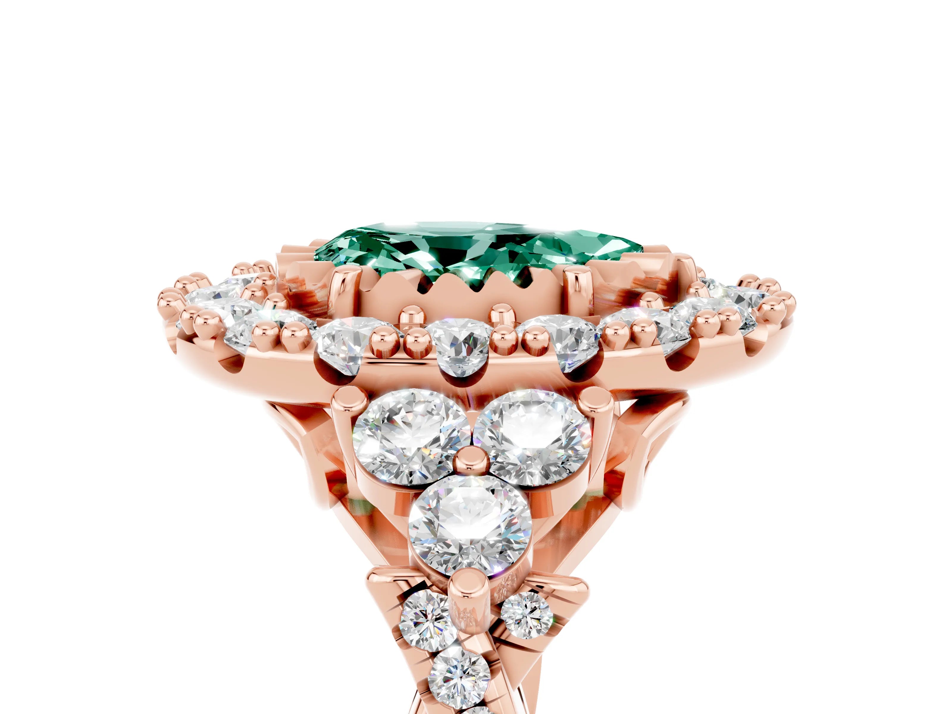 Rose gold Pear Cut Green Sapphire Halo Ring with Pavé Band and Four-Prong Setting_17