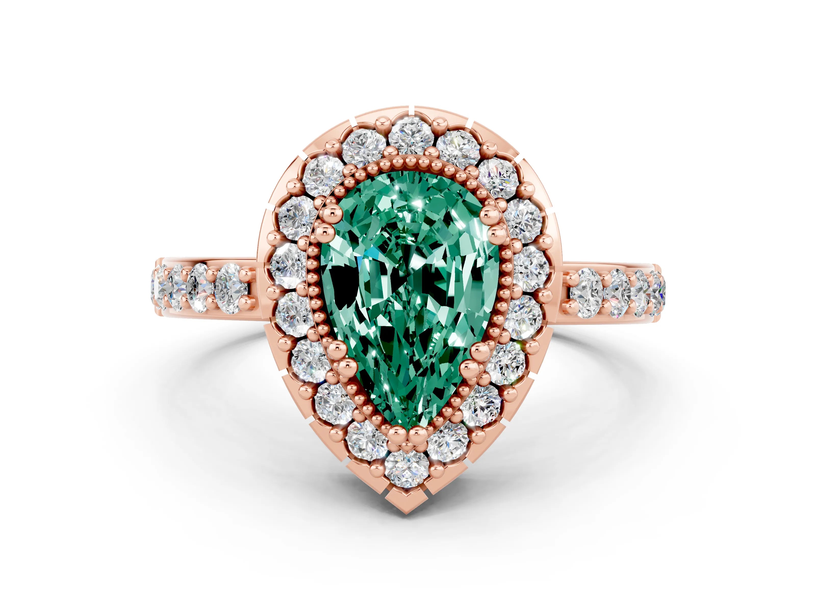 Rose gold Pear Cut Green Sapphire Halo Ring with Pavé Band and Prong Setting