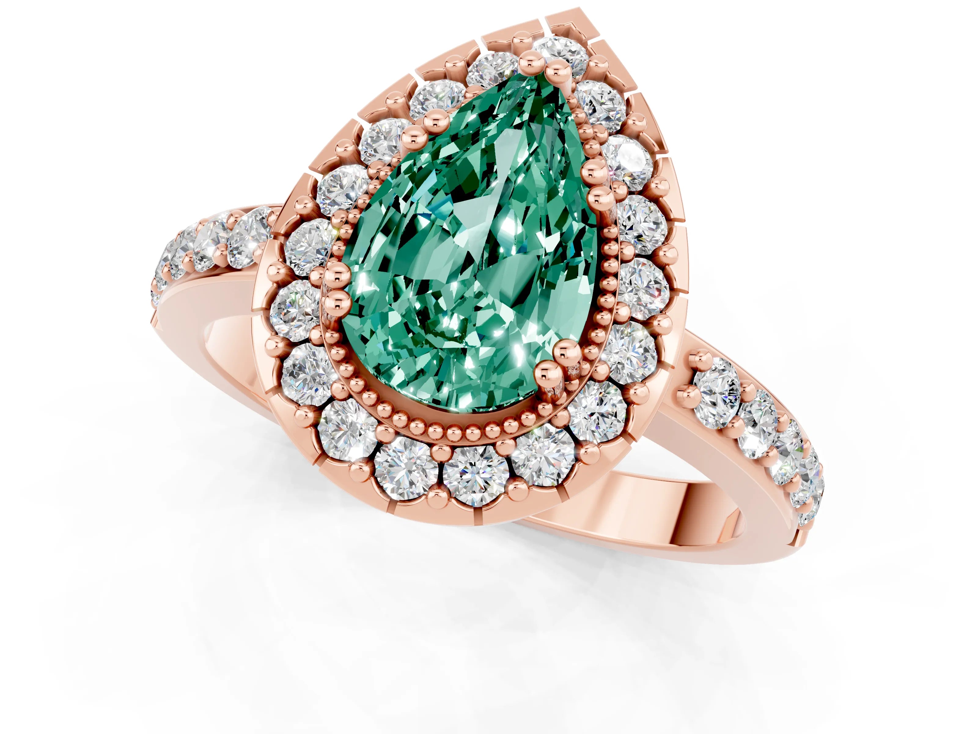 Rose gold Pear Cut Green Sapphire Halo Ring with Pavé Band and Prong Setting_1