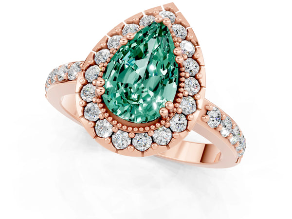 Rose gold Pear Cut Green Sapphire Halo Ring with Pavé Band and Prong Setting