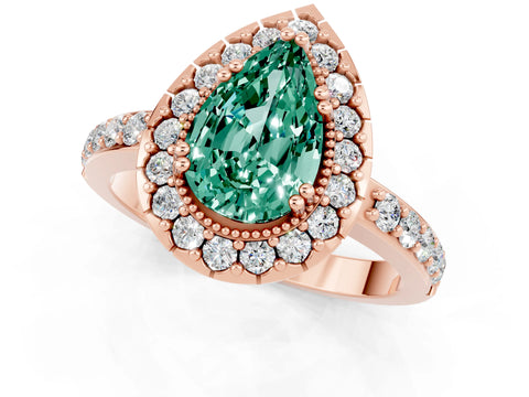 Rose gold Pear Cut Green Sapphire Halo Ring with Pavé Band and Prong Setting_1