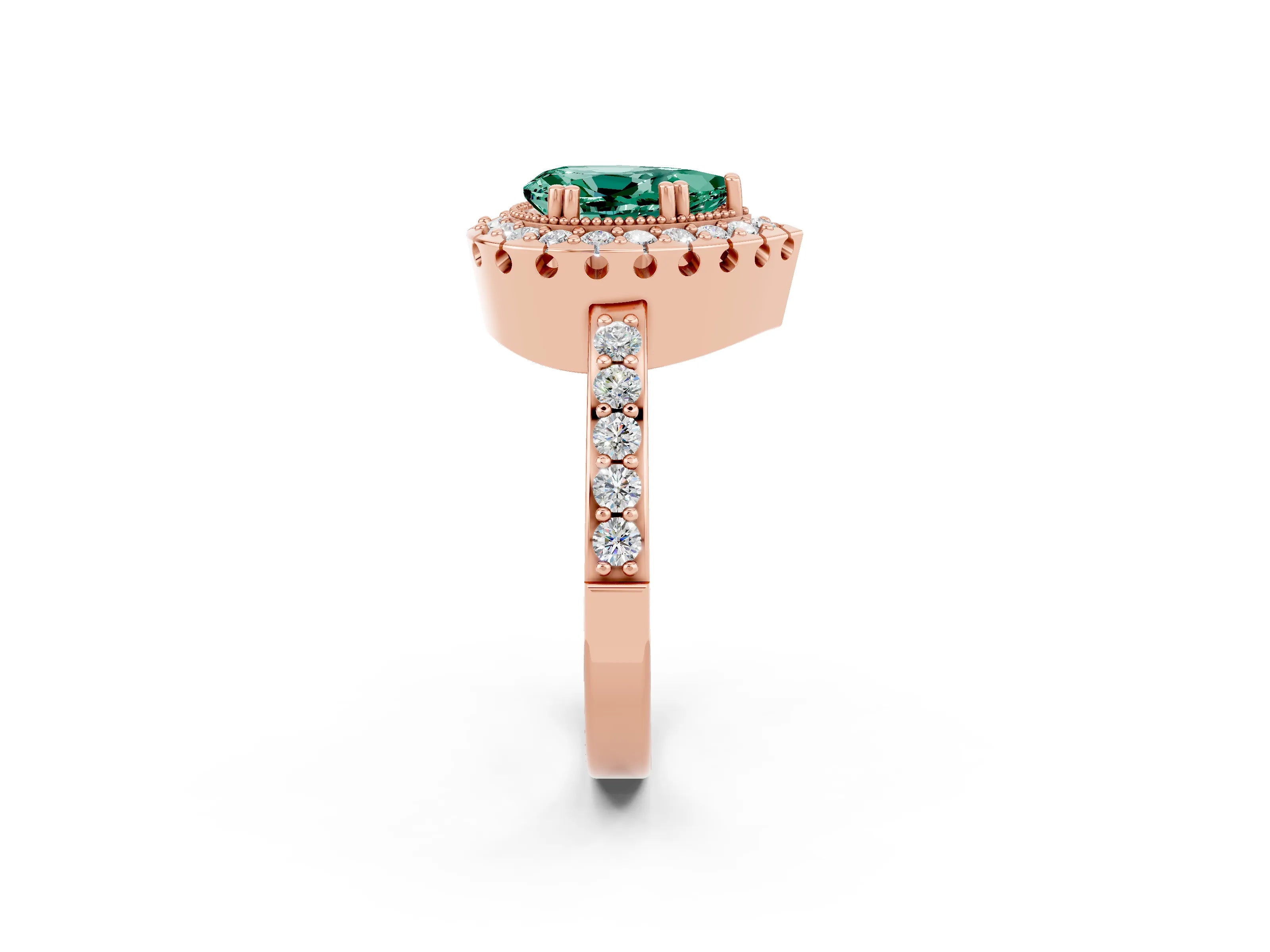 Rose gold Pear Cut Green Sapphire Halo Ring with Pavé Band and Prong Setting_2