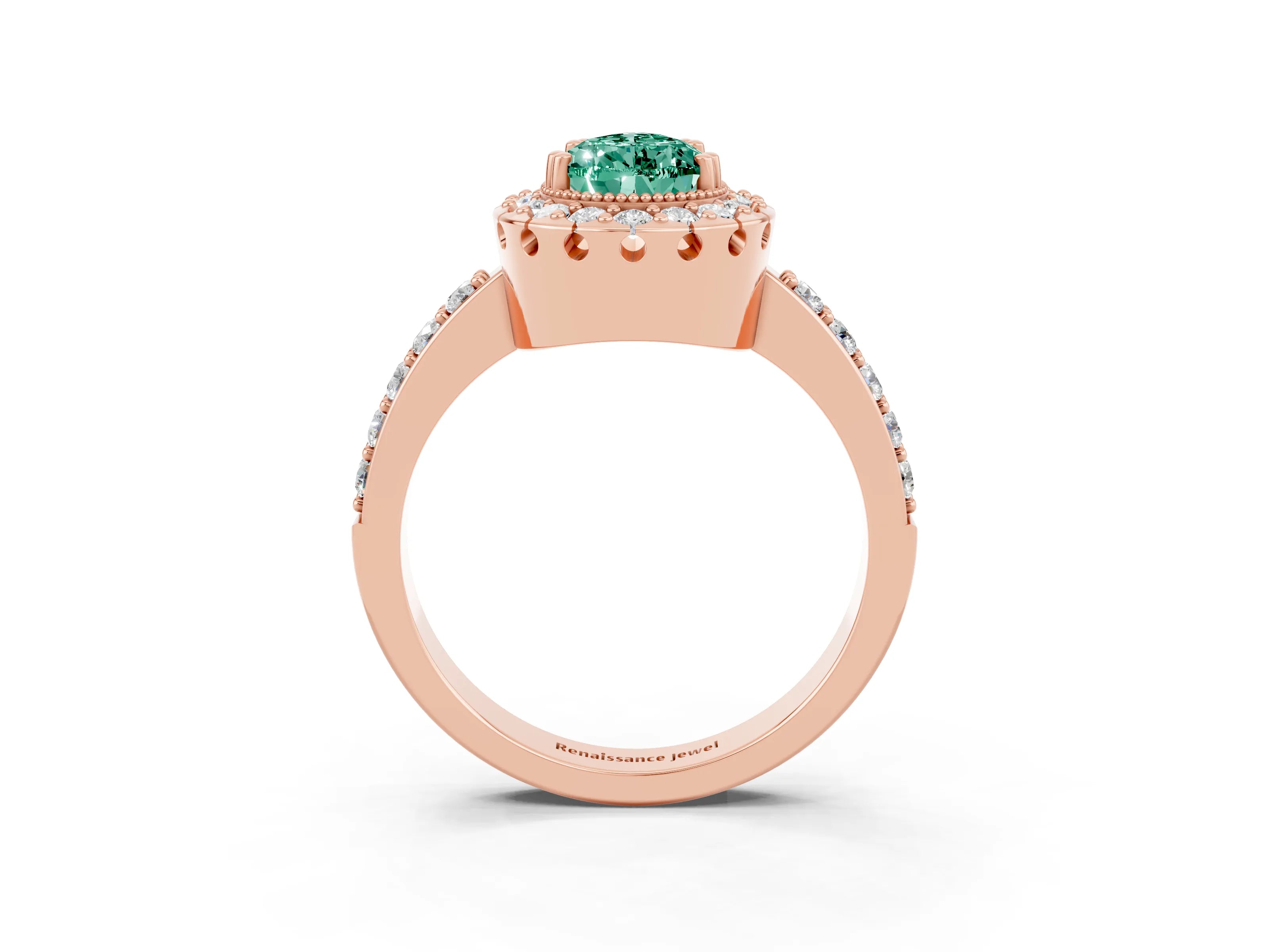 Rose gold Pear Cut Green Sapphire Halo Ring with Pavé Band and Prong Setting_3