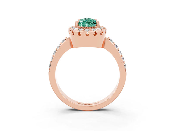 Rose gold Pear Cut Green Sapphire Halo Ring with Pavé Band and Prong Setting