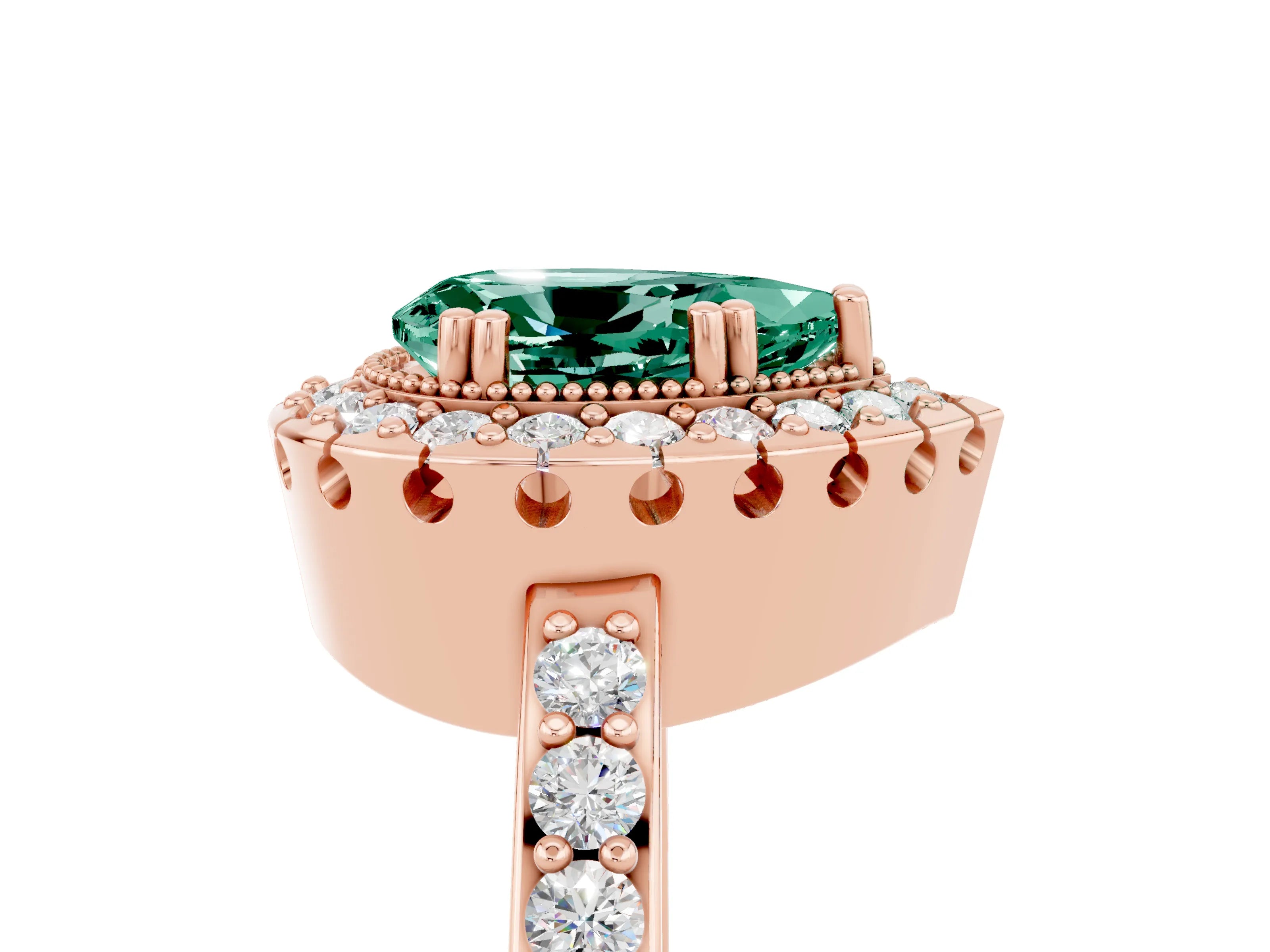 Rose gold Pear Cut Green Sapphire Halo Ring with Pavé Band and Prong Setting_5