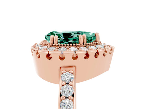 Rose gold Pear Cut Green Sapphire Halo Ring with Pavé Band and Prong Setting_5