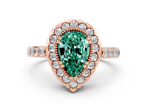 Rose gold Pear Cut Green Sapphire Halo Ring with Pavé Band and Prong Setting