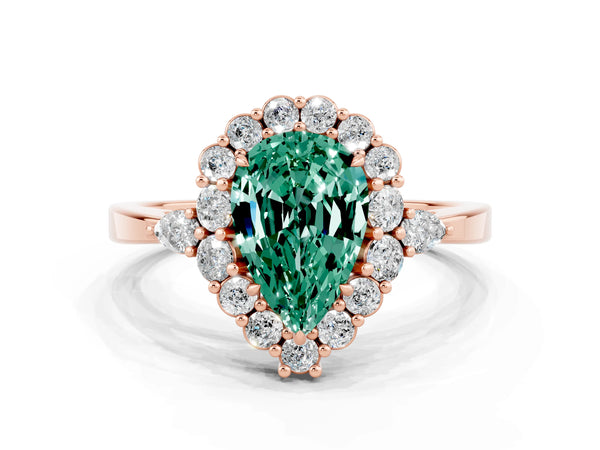 Rose gold Pear Cut Green Sapphire Halo Ring with Pear Side Stones and Prong Setting
