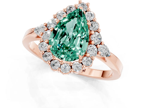 Rose gold Pear Cut Green Sapphire Halo Ring with Pear Side Stones and Prong Setting_13
