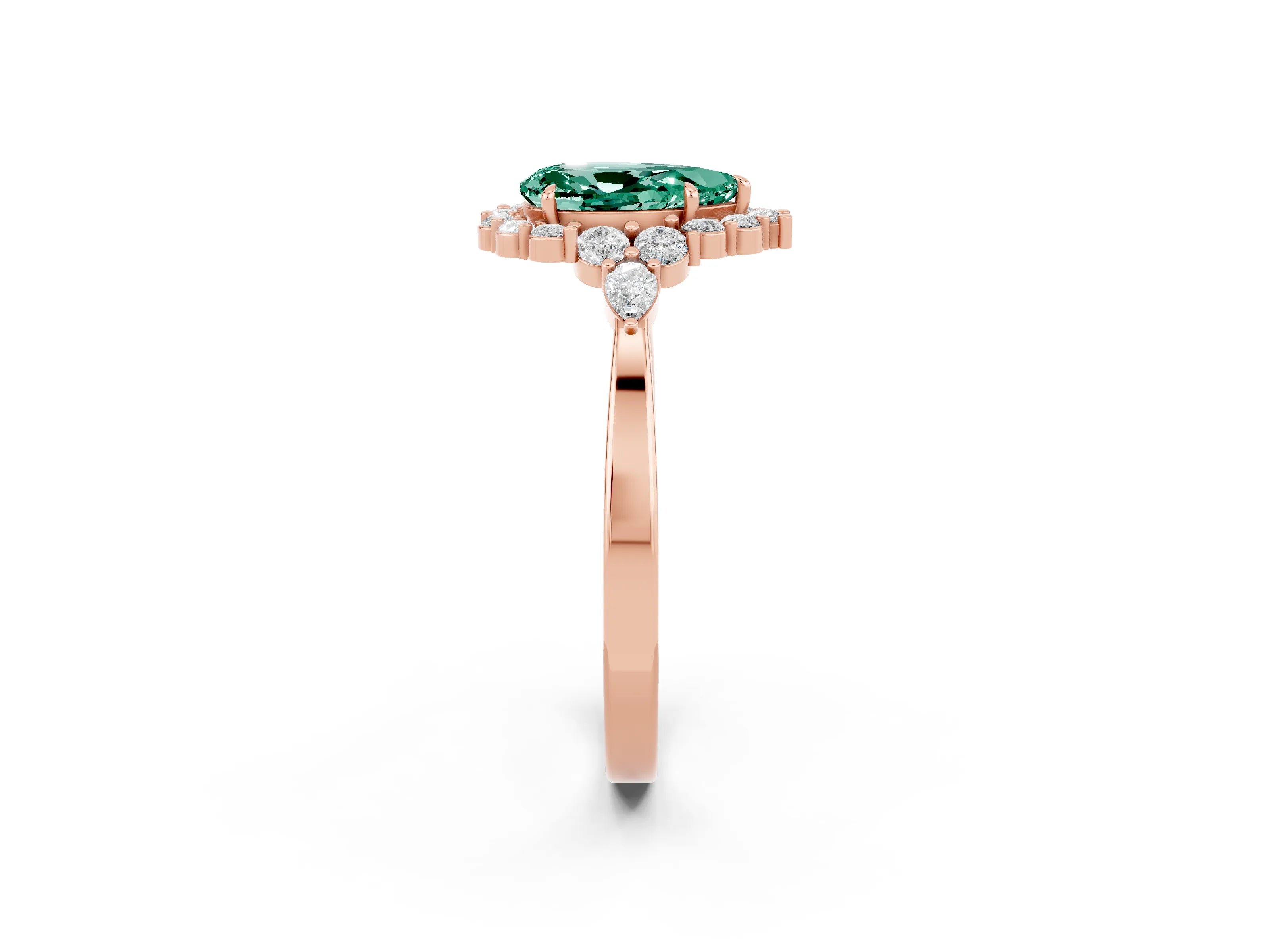 Rose gold Pear Cut Green Sapphire Halo Ring with Pear Side Stones and Prong Setting_14
