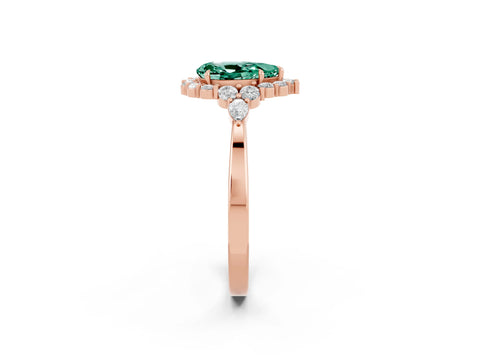 Rose gold Pear Cut Green Sapphire Halo Ring with Pear Side Stones and Prong Setting_14