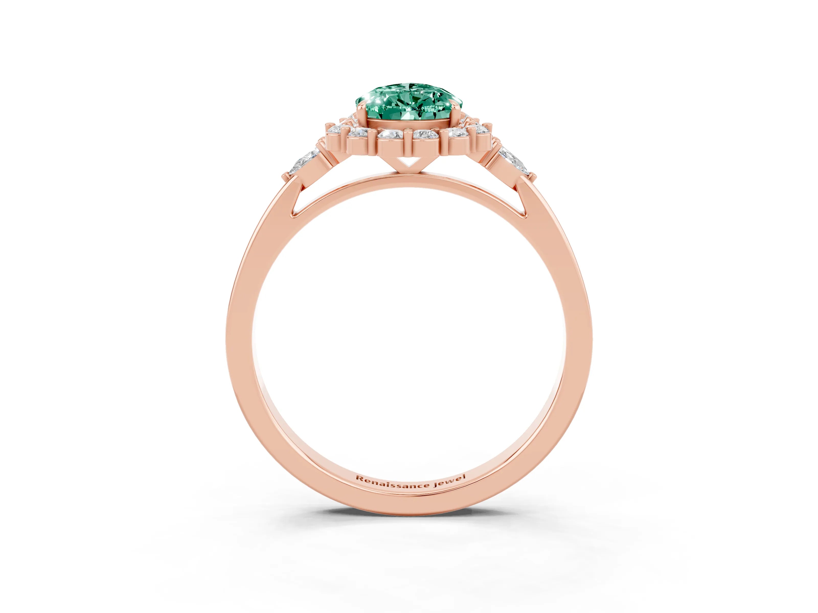 Rose gold Pear Cut Green Sapphire Halo Ring with Pear Side Stones and Prong Setting_15
