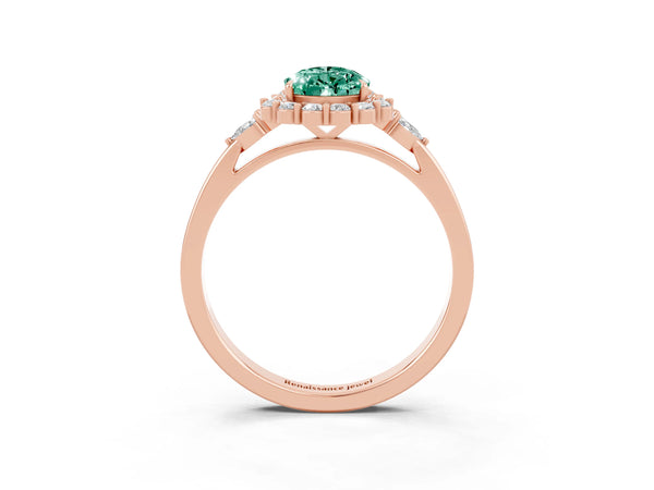 Rose gold Pear Cut Green Sapphire Halo Ring with Pear Side Stones and Prong Setting