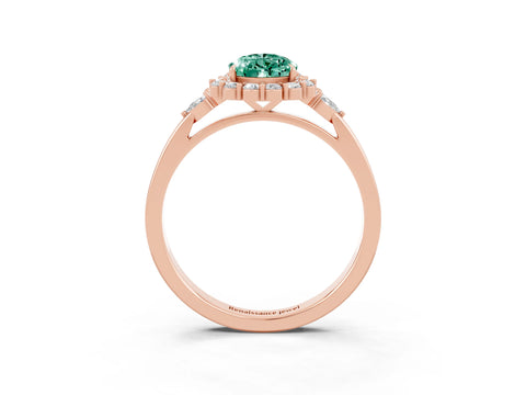 Rose gold Pear Cut Green Sapphire Halo Ring with Pear Side Stones and Prong Setting_15