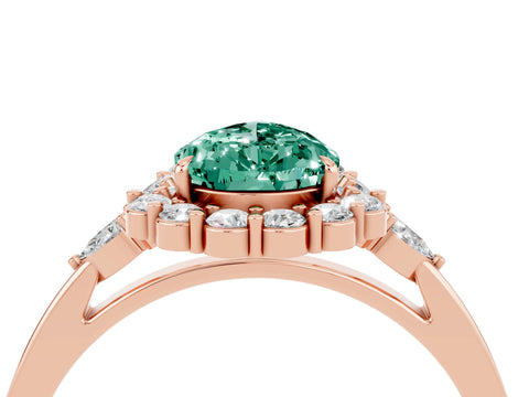 Rose gold Pear Cut Green Sapphire Halo Ring with Pear Side Stones and Prong Setting_16