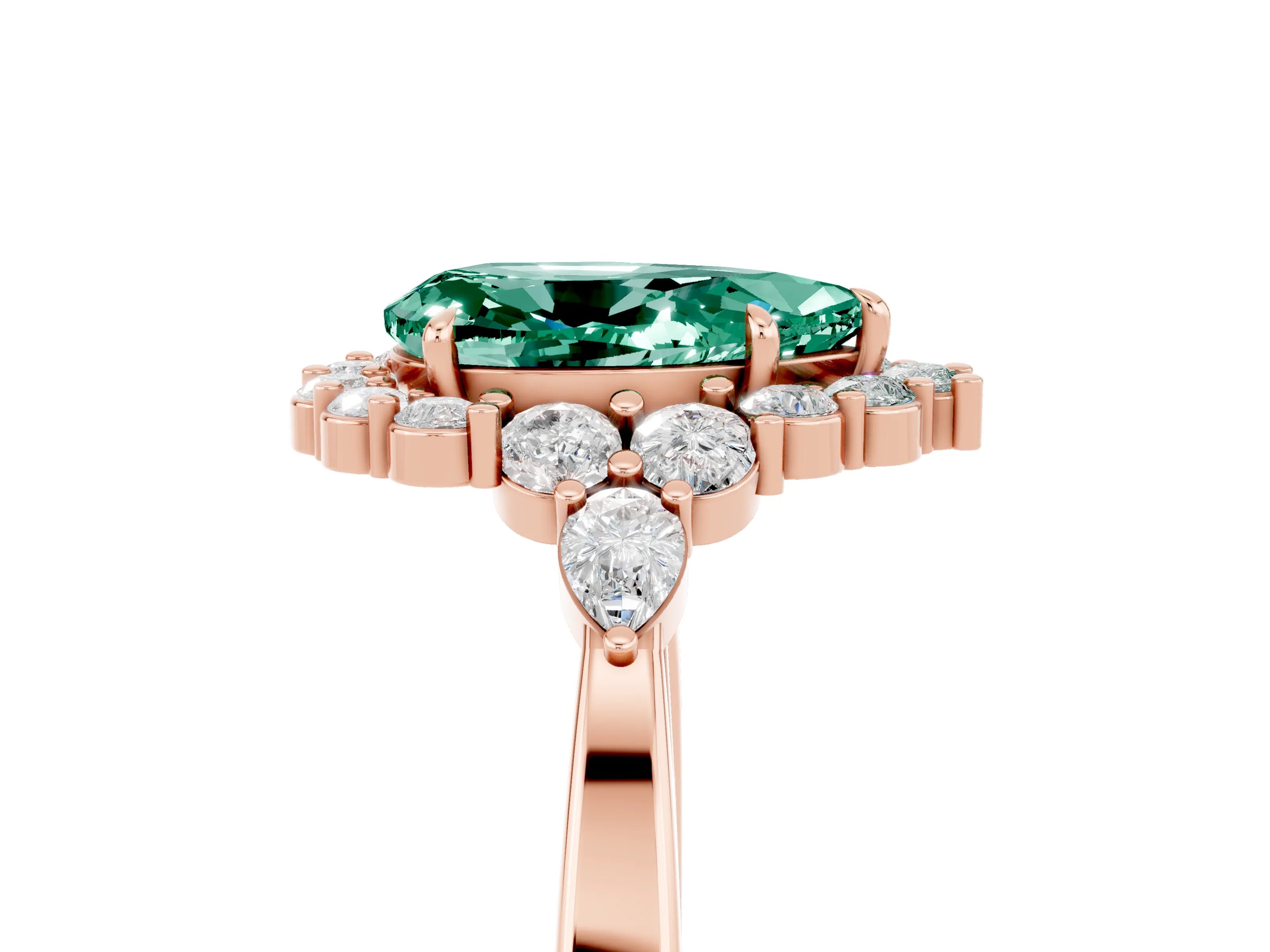 Rose gold Pear Cut Green Sapphire Halo Ring with Pear Side Stones and Prong Setting_17