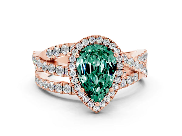 Rose gold Pear Cut Green Sapphire Halo Ring with Round Split Shank and Prong Setting