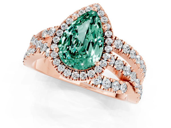 Rose gold Pear Cut Green Sapphire Halo Ring with Round Split Shank and Prong Setting