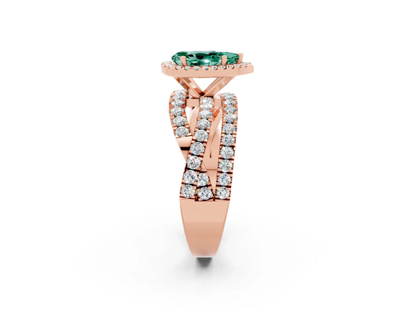 Rose gold Pear Cut Green Sapphire Halo Ring with Round Split Shank and Prong Setting