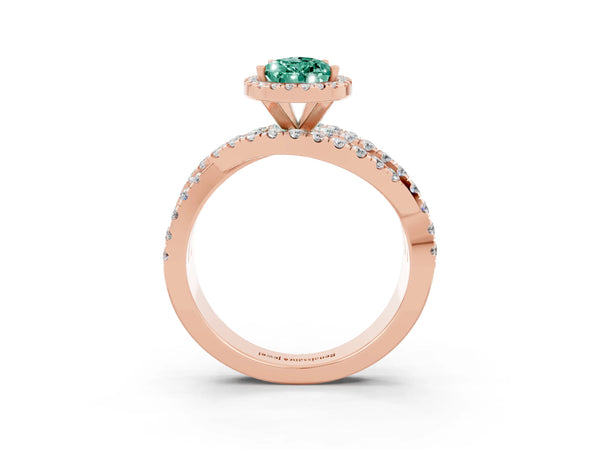 Rose gold Pear Cut Green Sapphire Halo Ring with Round Split Shank and Prong Setting