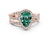 Rose gold Pear Cut Green Sapphire Halo Ring with Round Split Shank and Prong Setting_48