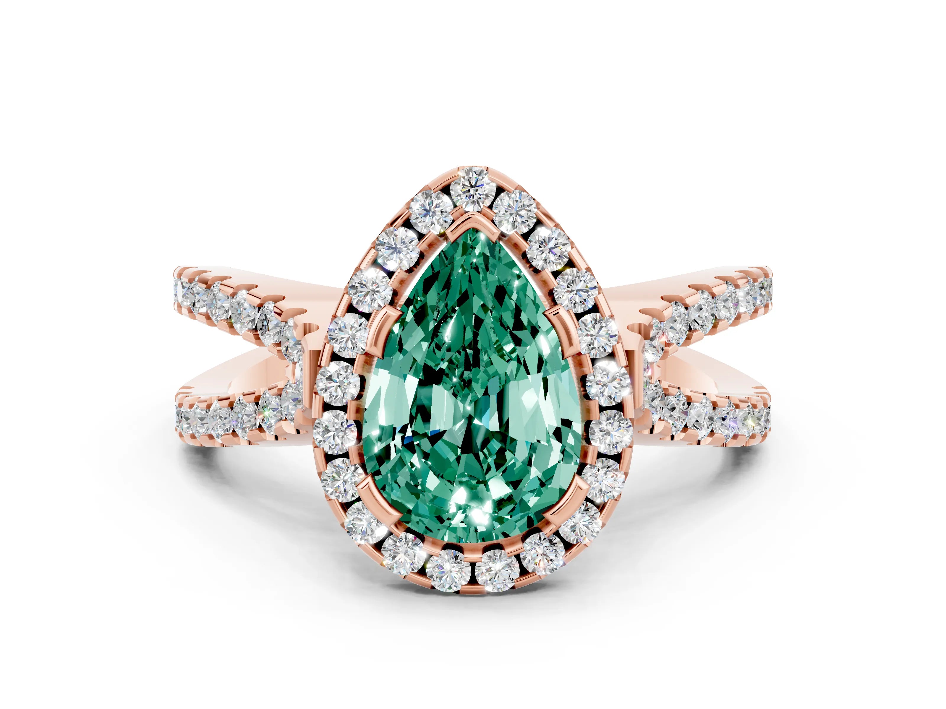 Rose gold Pear Cut Green Sapphire Halo Ring with Split Shank Pavé Band and Prong Setting