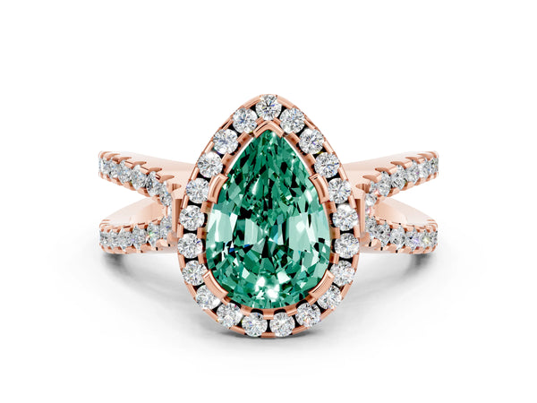 Rose gold Pear Cut Green Sapphire Halo Ring with Split Shank Pavé Band and Prong Setting