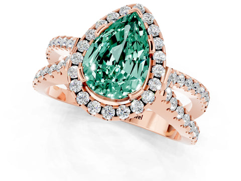 Rose gold Pear Cut Green Sapphire Halo Ring with Split Shank Pavé Band and Prong Setting_1