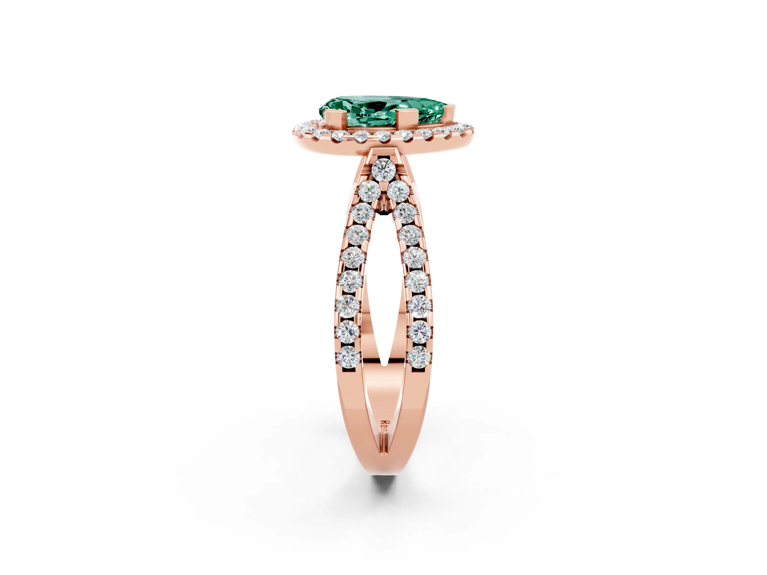 Rose gold Pear Cut Green Sapphire Halo Ring with Split Shank Pavé Band and Prong Setting_2
