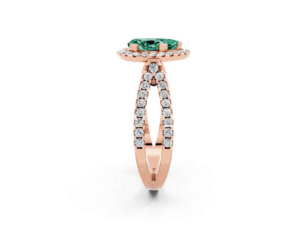 Rose gold Pear Cut Green Sapphire Halo Ring with Split Shank Pavé Band and Prong Setting