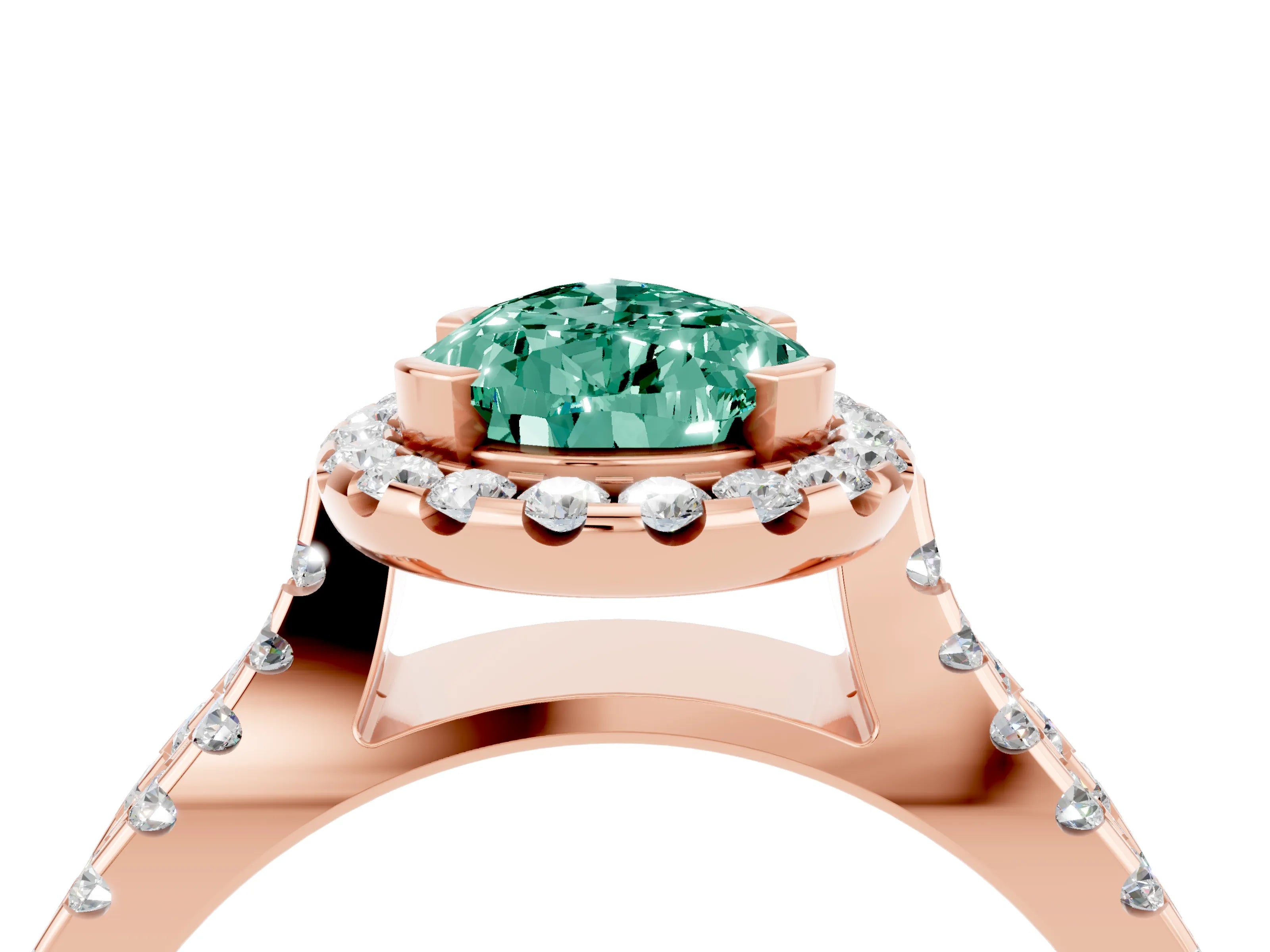 Rose gold Pear Cut Green Sapphire Halo Ring with Split Shank Pavé Band and Prong Setting_4