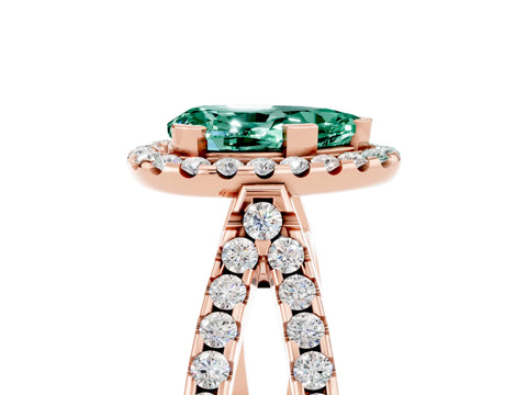 Rose gold Pear Cut Green Sapphire Halo Ring with Split Shank Pavé Band and Prong Setting_5