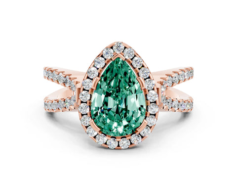 Rose gold Pear Cut Green Sapphire Halo Ring with Split Shank Pavé Band and Prong Setting