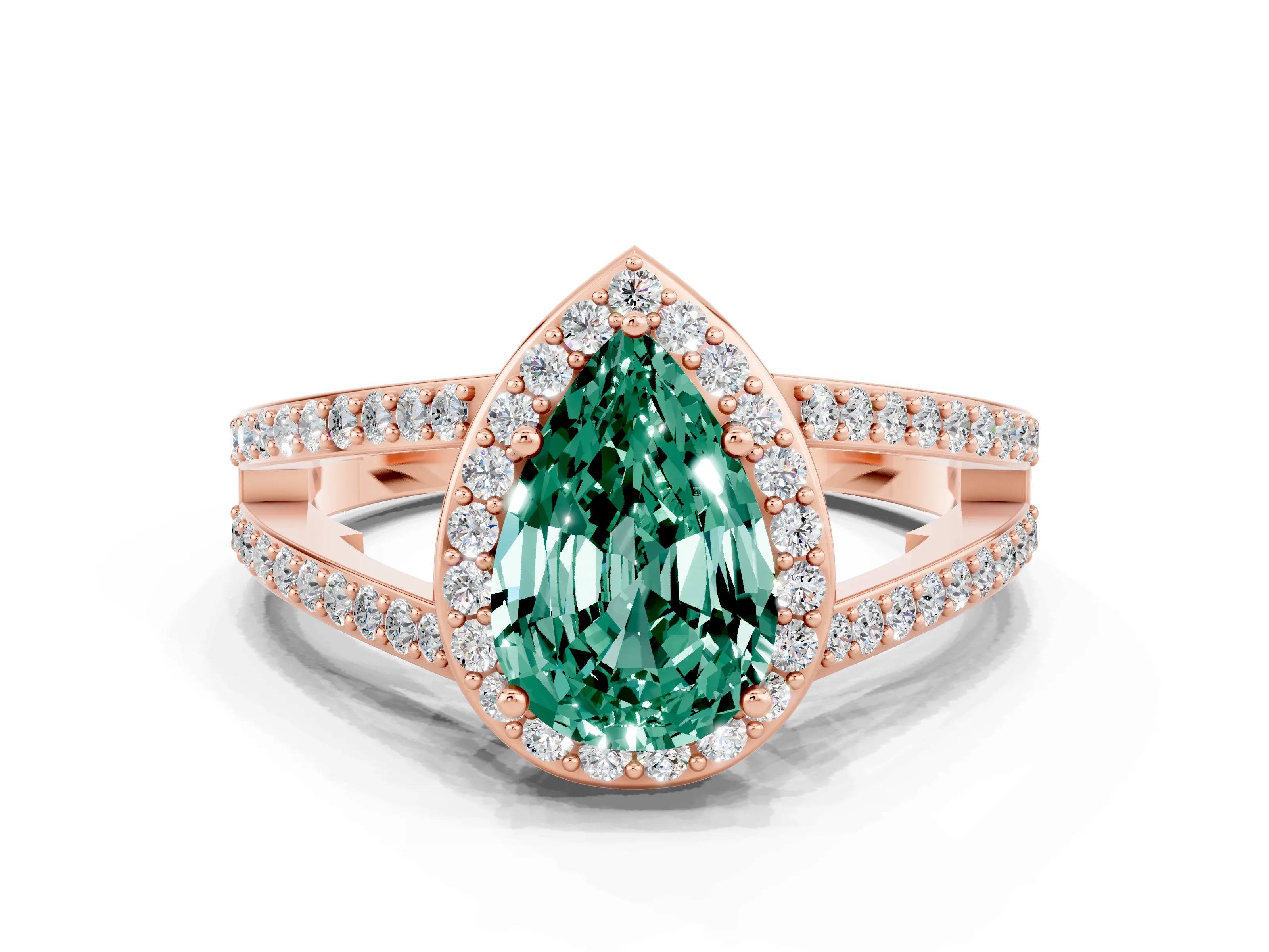 Rose gold Pear Cut Green Sapphire Halo Ring with Split Shank U-Prong Band and Four-Prong Setting