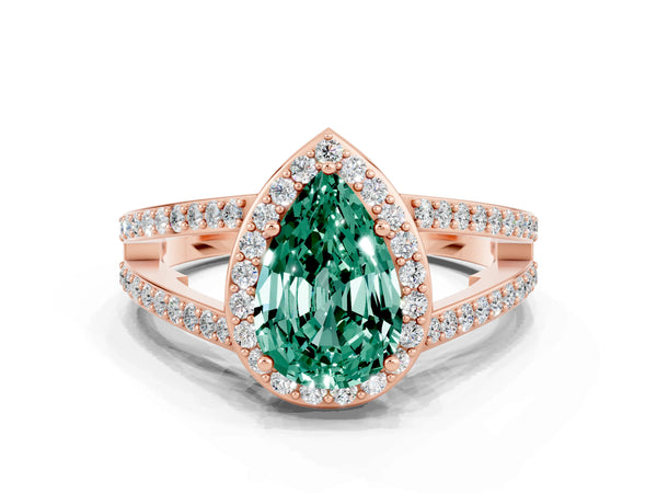 Rose gold Pear Cut Green Sapphire Halo Ring with Split Shank U-Prong Band and Four-Prong Setting