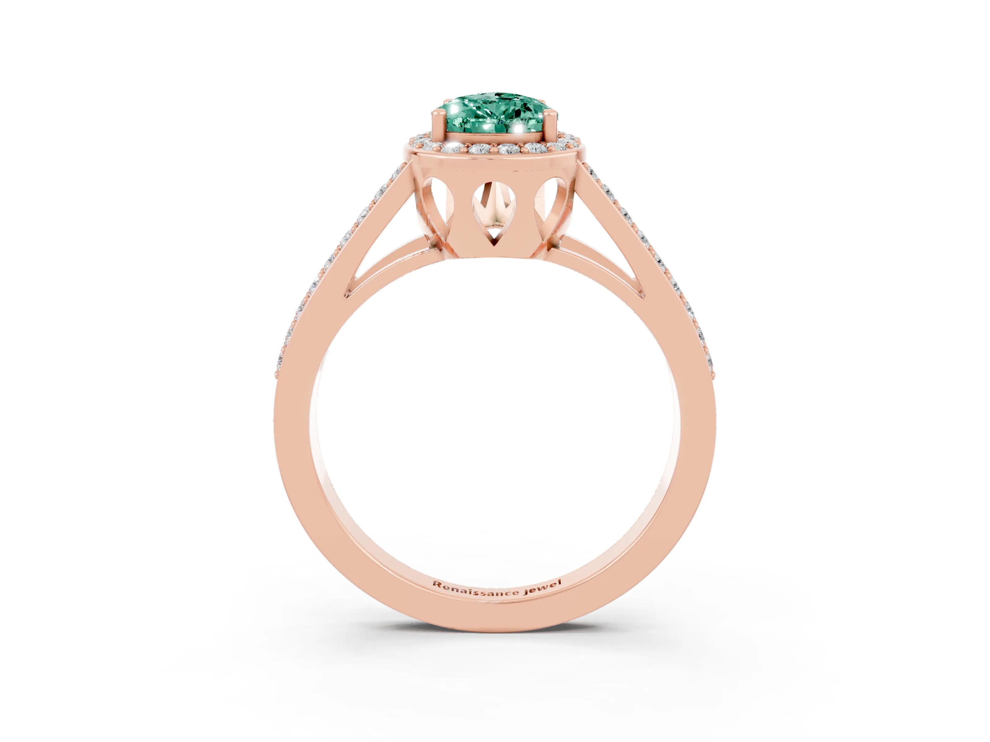 Rose gold Pear Cut Green Sapphire Halo Ring with Split Shank U-Prong Band and Four-Prong Setting_3