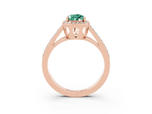 Rose gold Pear Cut Green Sapphire Halo Ring with Split Shank U-Prong Band and Four-Prong Setting