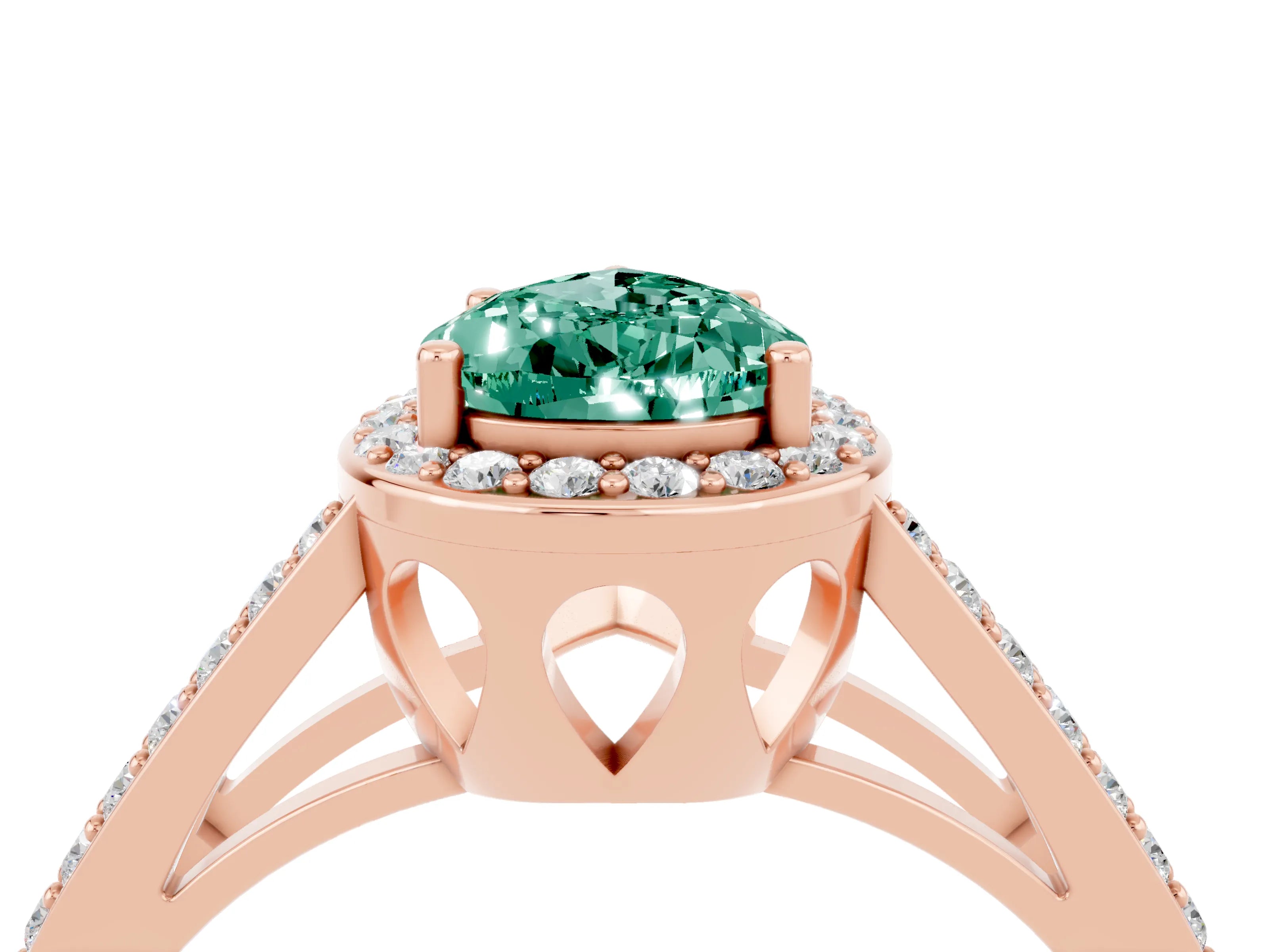 Rose gold Pear Cut Green Sapphire Halo Ring with Split Shank U-Prong Band and Four-Prong Setting_4