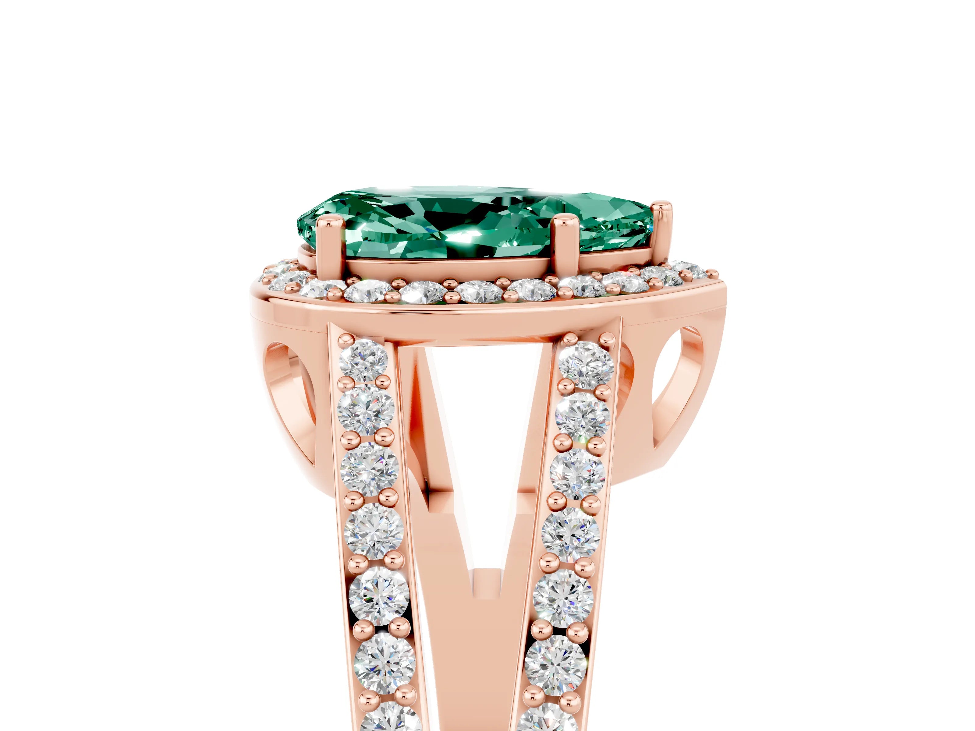Rose gold Pear Cut Green Sapphire Halo Ring with Split Shank U-Prong Band and Four-Prong Setting_5
