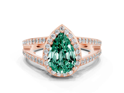 Rose gold Pear Cut Green Sapphire Halo Ring with Split Shank U-Prong Band and Four-Prong Setting