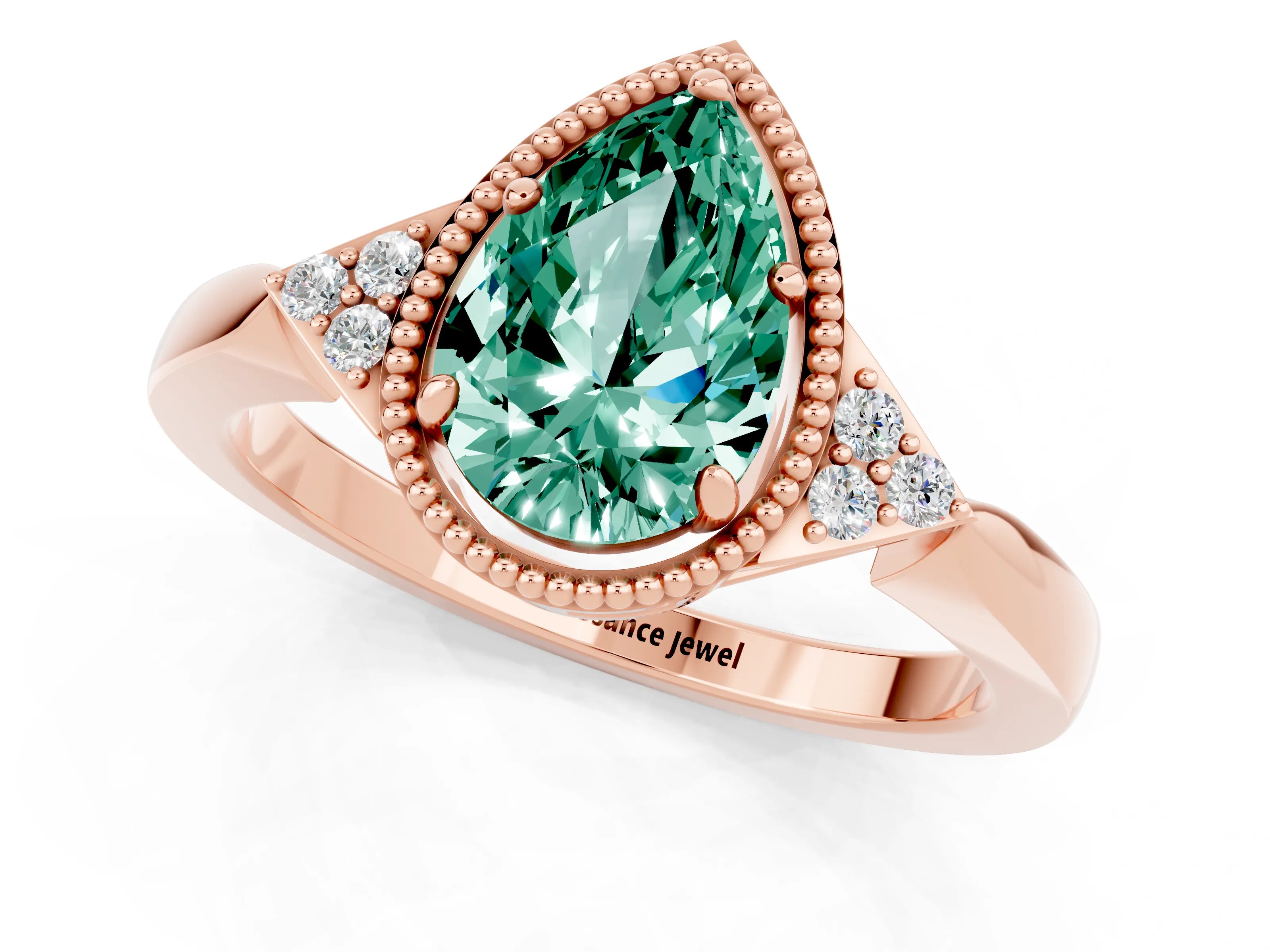 Rose gold Pear Cut Green Sapphire Halo Ring with Tapered Band and Four-Prong Setting_1