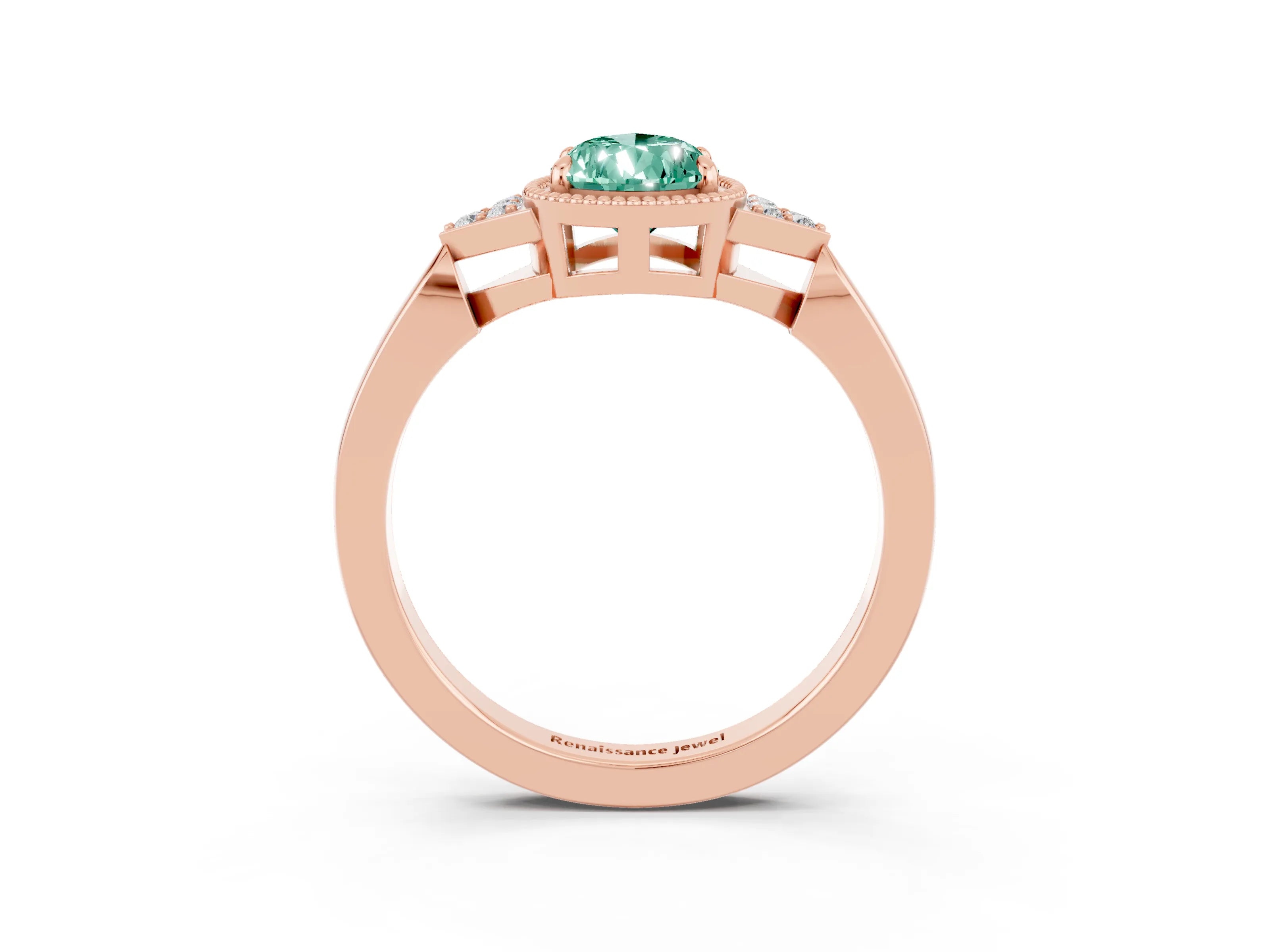 Rose gold Pear Cut Green Sapphire Halo Ring with Tapered Band and Four-Prong Setting_3