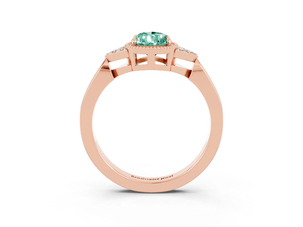 Rose gold Pear Cut Green Sapphire Halo Ring with Tapered Band and Four-Prong Setting