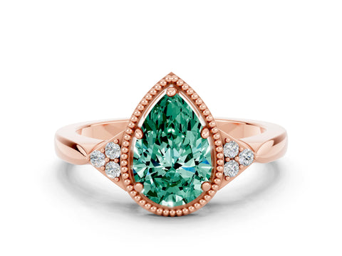 Rose gold Pear Cut Green Sapphire Halo Ring with Tapered Band and Four-Prong Setting